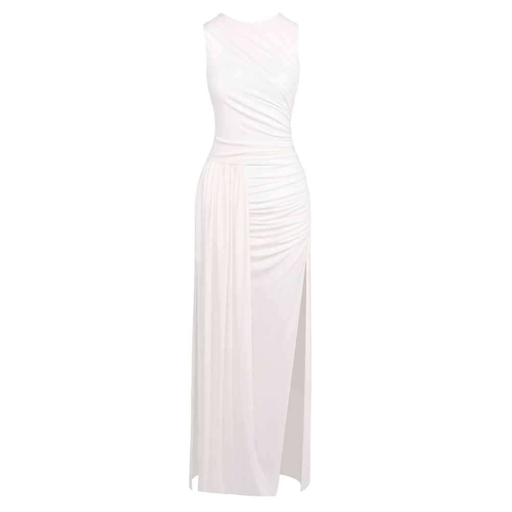 Hip Dress Summer Solid Color Dress round Neck Sleeveless Split Irregular Asymmetric Maxi Dress White