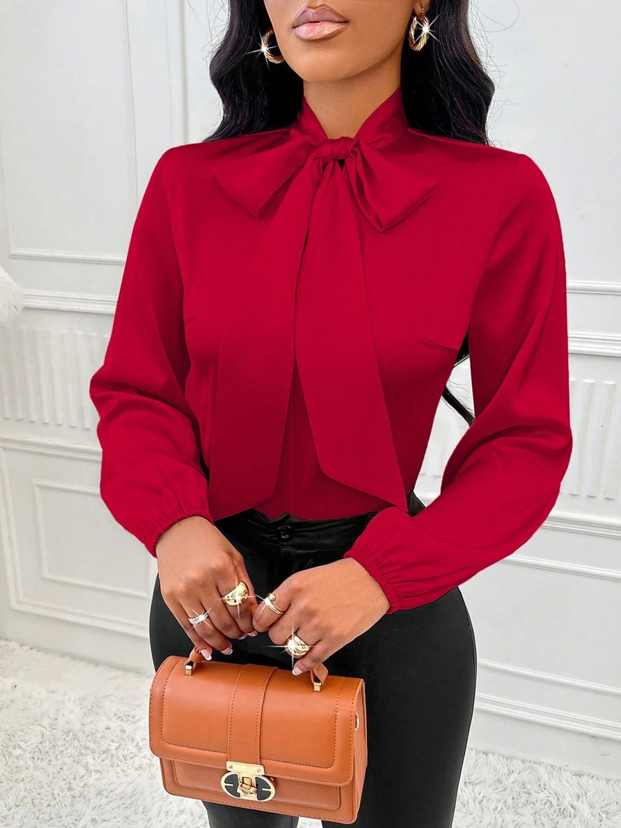 Women Clothing Autumn Satin Shirt Bow Long Sleeve Top Red