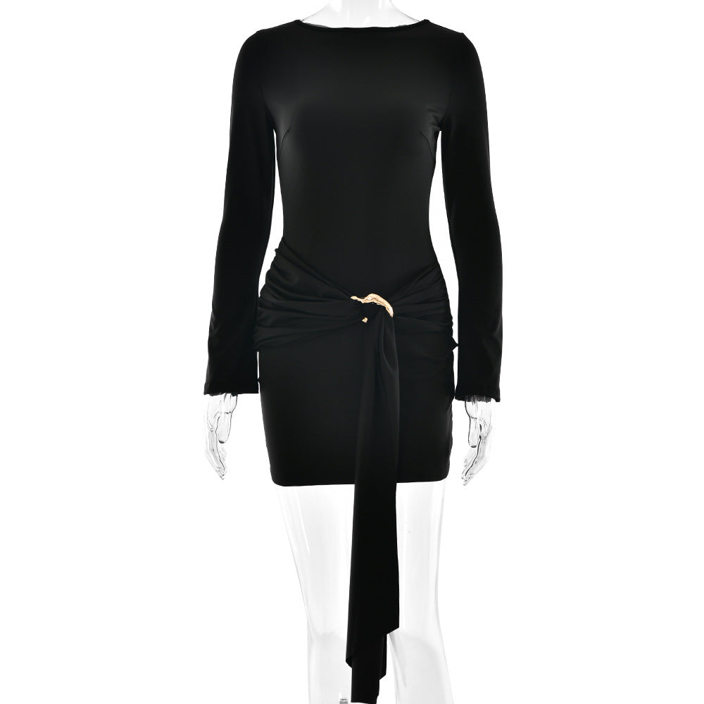 Sexy Elegant Women Slim Fit round Neck Hip Dress Arrival Lace up Tight Long Sleeve Dress Black