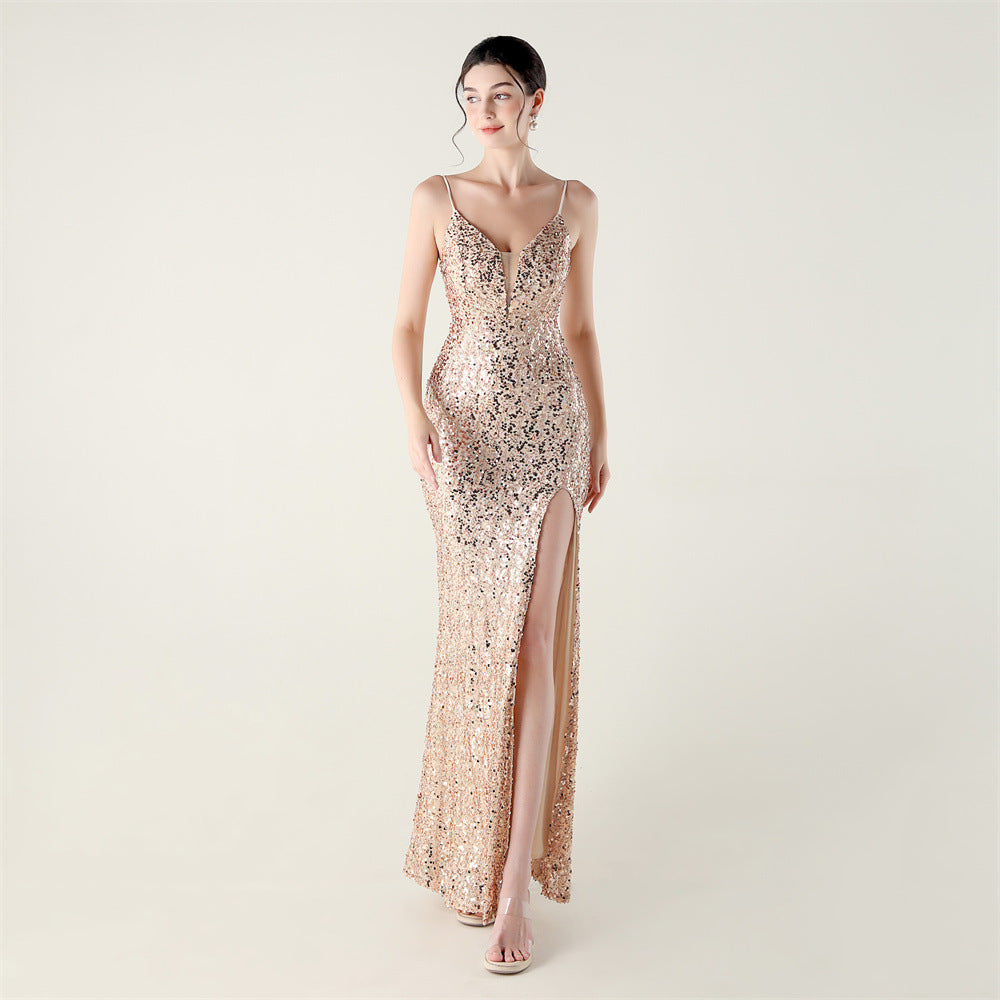 Bead Tube Sequin Spaghetti Strap High Slit Evening Dress Cross Tied Slim Fit Slimming Dinner Social Women Gold