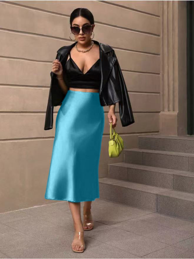 Hip Wrapped Fishtail Skirt Satin Mid Length Skirt Autumn Women Clothing Direct Peacock green