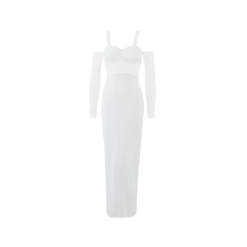 Women Clothing Sexy Spaghetti Straps Corset Slim Mesh Stitching Independent Sleeve Dress White