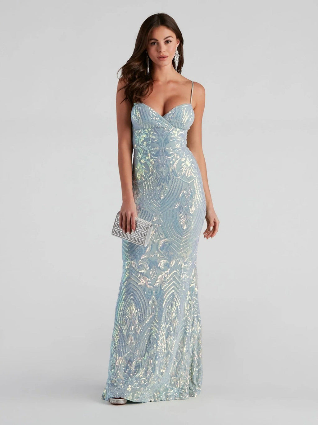 Sexy V neck Sequ Floor Length Evening Dress Elegant Graceful Cocktail Party Formal Dress Women Clothing skyblue