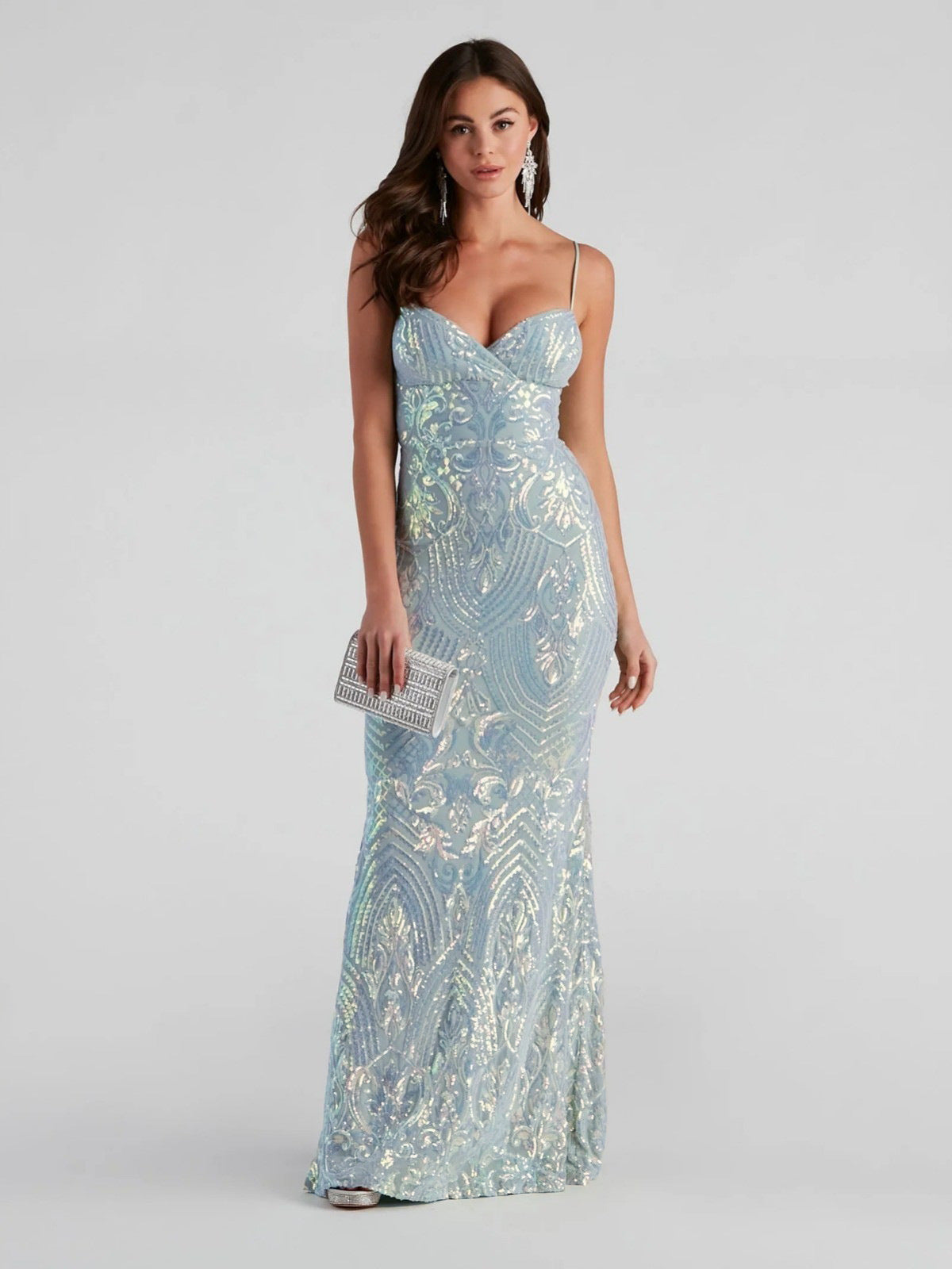 Sexy V neck Sequ Floor Length Evening Dress Elegant Graceful Cocktail Party Formal Dress Women Clothing skyblue