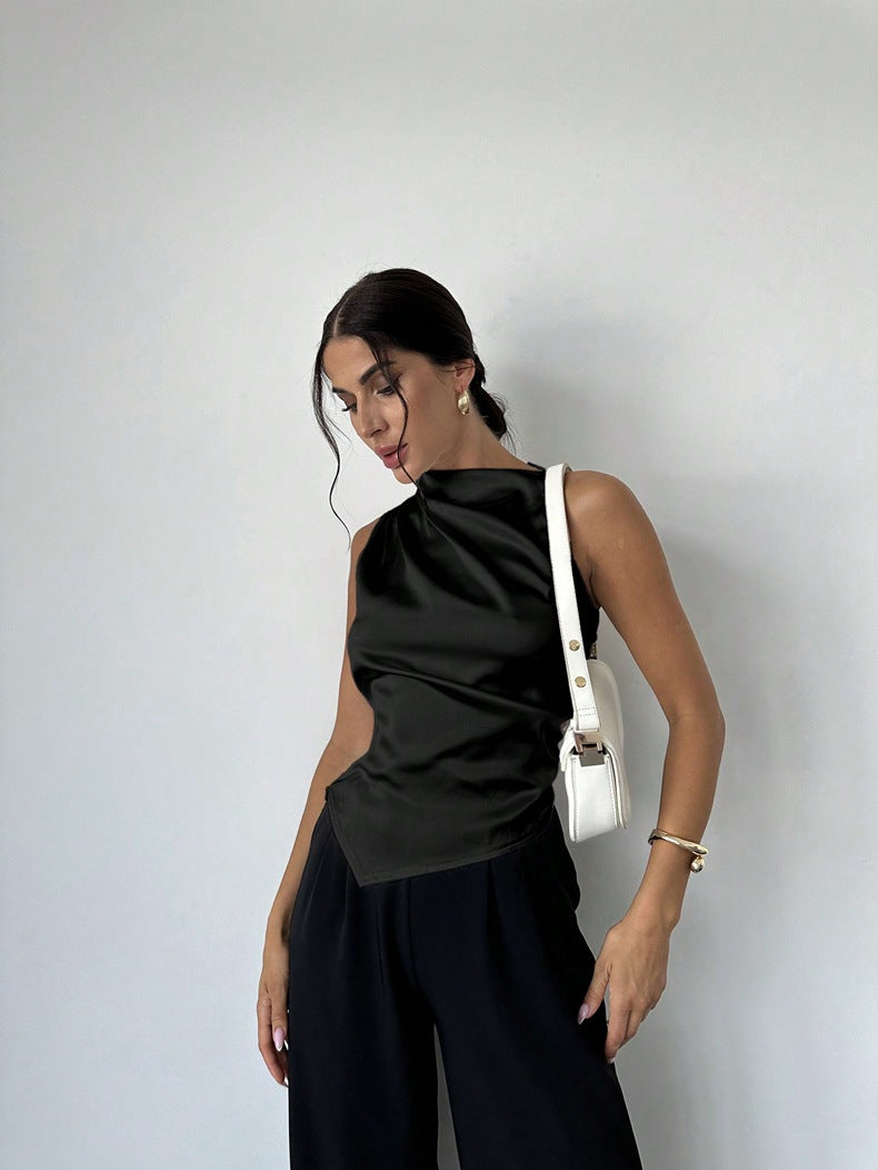 Summer Women Clothing Summer Satin Shirt Women Simple Sleeveless Satin Artificial Silk Shirt Top Black
