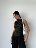 Summer Women Clothing Summer Satin Shirt Women Simple Sleeveless Satin Artificial Silk Shirt Top Black