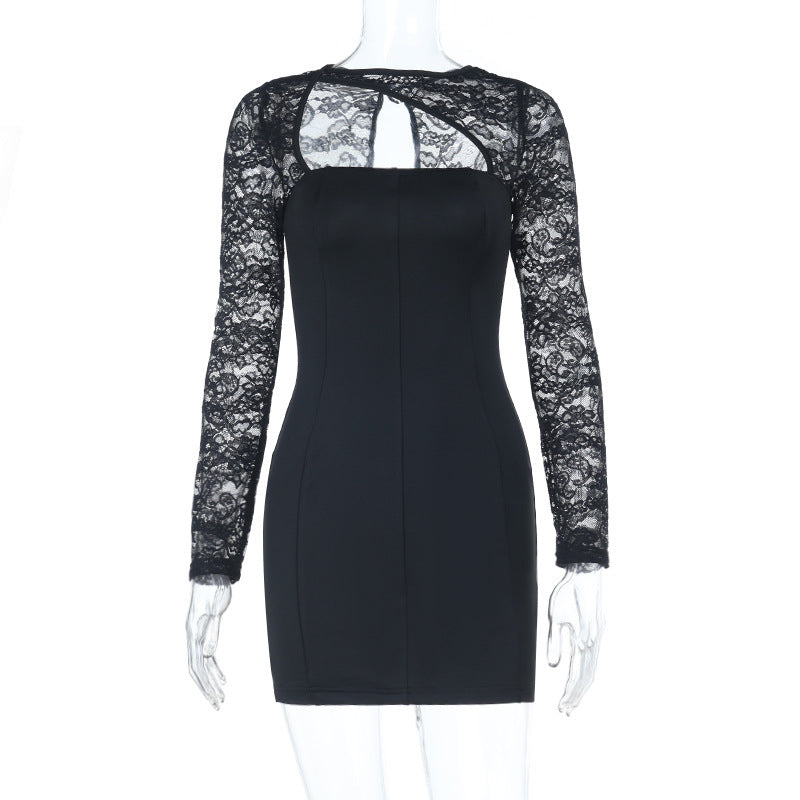 Lace Stitching Long Sleeve Slim Fit Sheath Dress Women Arrival Sexy Dress Black