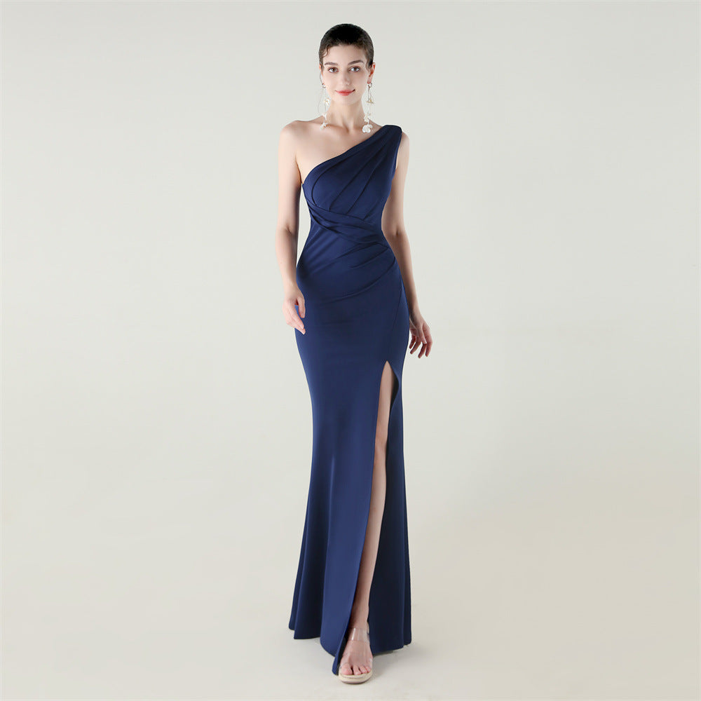One Shoulder Slim Fit Satin Folding High Slit Sexy Evening Dress Fishtail Dress Dinner Wedding Social Networking purplish blue