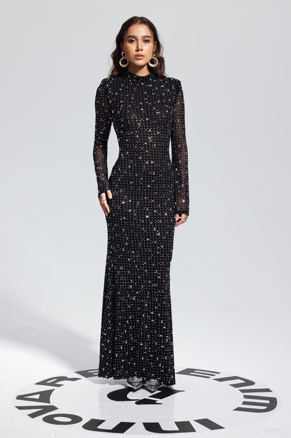 Arrival Black Dress Sexy Strap Rhinestone Tight Long Sleeve Dress Black