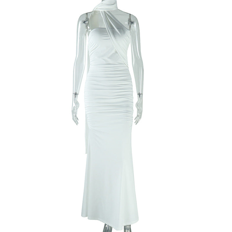 Women Clothing Solid Color Halter Dress Sexy Backless Ribbon Split Maxi Dress White