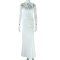 Women Clothing Solid Color Halter Dress Sexy Backless Ribbon Split Maxi Dress White