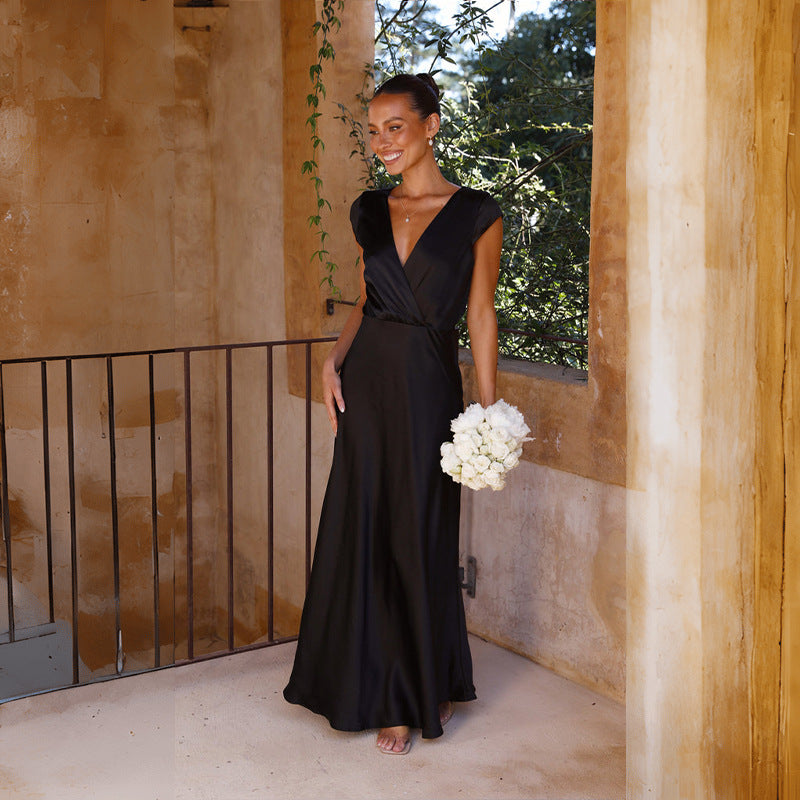 Women Dress Solid Color V neck Sexy Long Fishtail Dress Black