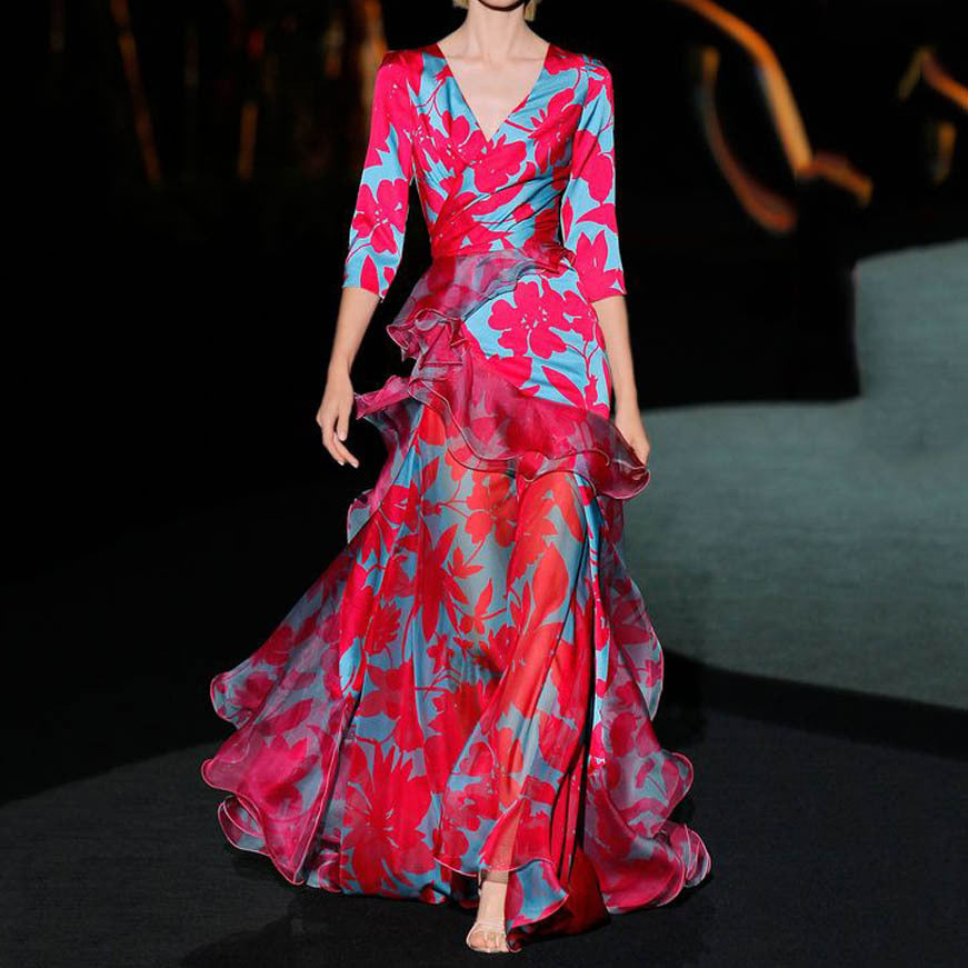 Dress Women Clothing Printed Maple Leaf Slim Multi Layer V neck Dress Red