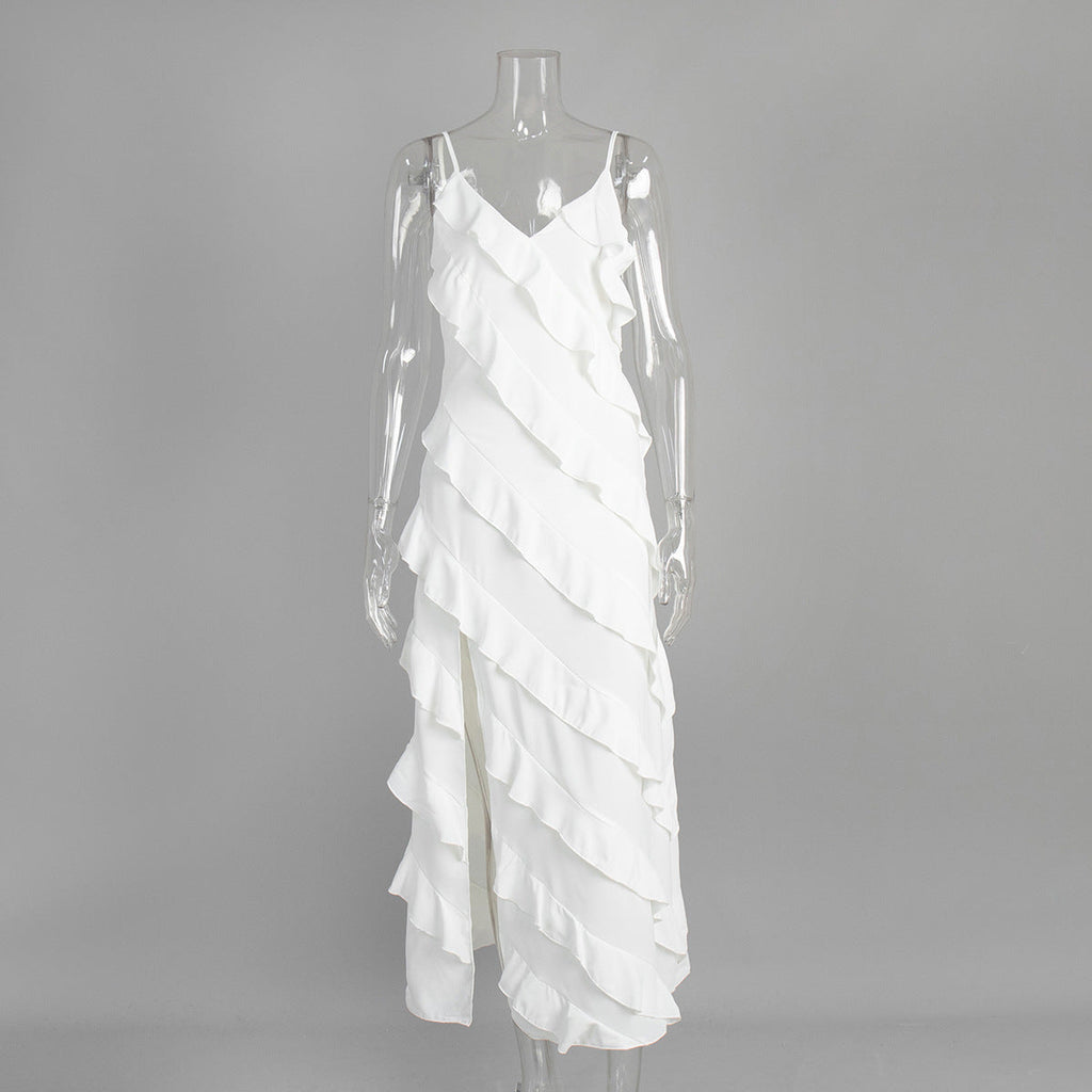 Patchwork Ruffled Sling Maxi Dress Summer Sexy Slit Slim Fitting White