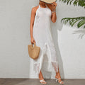 Women Clothing Solid Color Sexy Suspenders See through Backless Pullover Strap Tassel Dress White