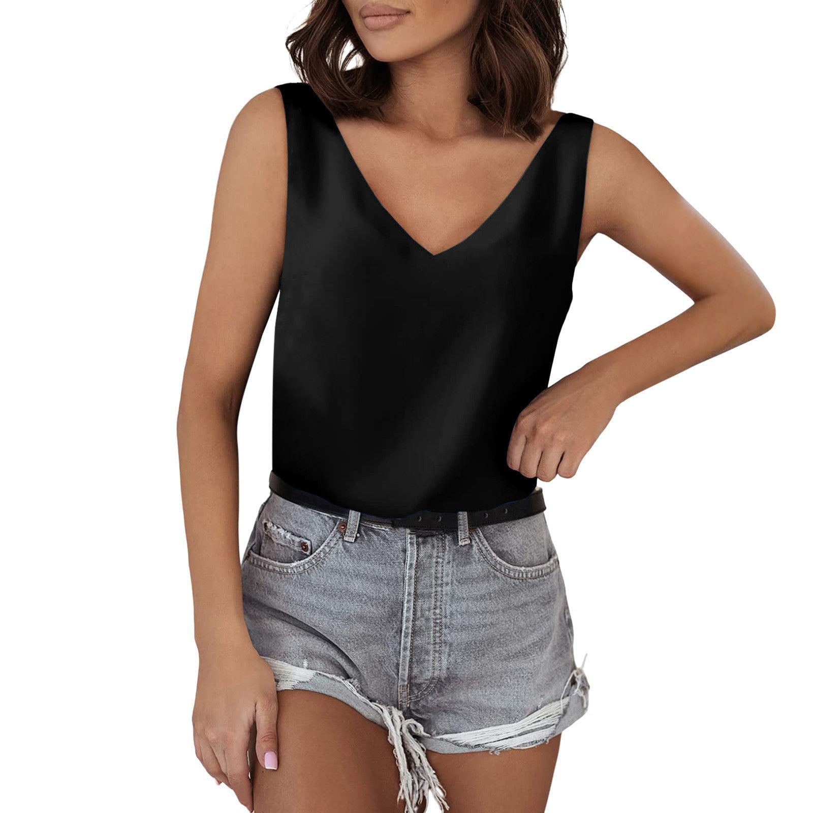 Solid Color Satin Vest V neck Casual Camisole Sleeveless Shirt Summer Basic Black