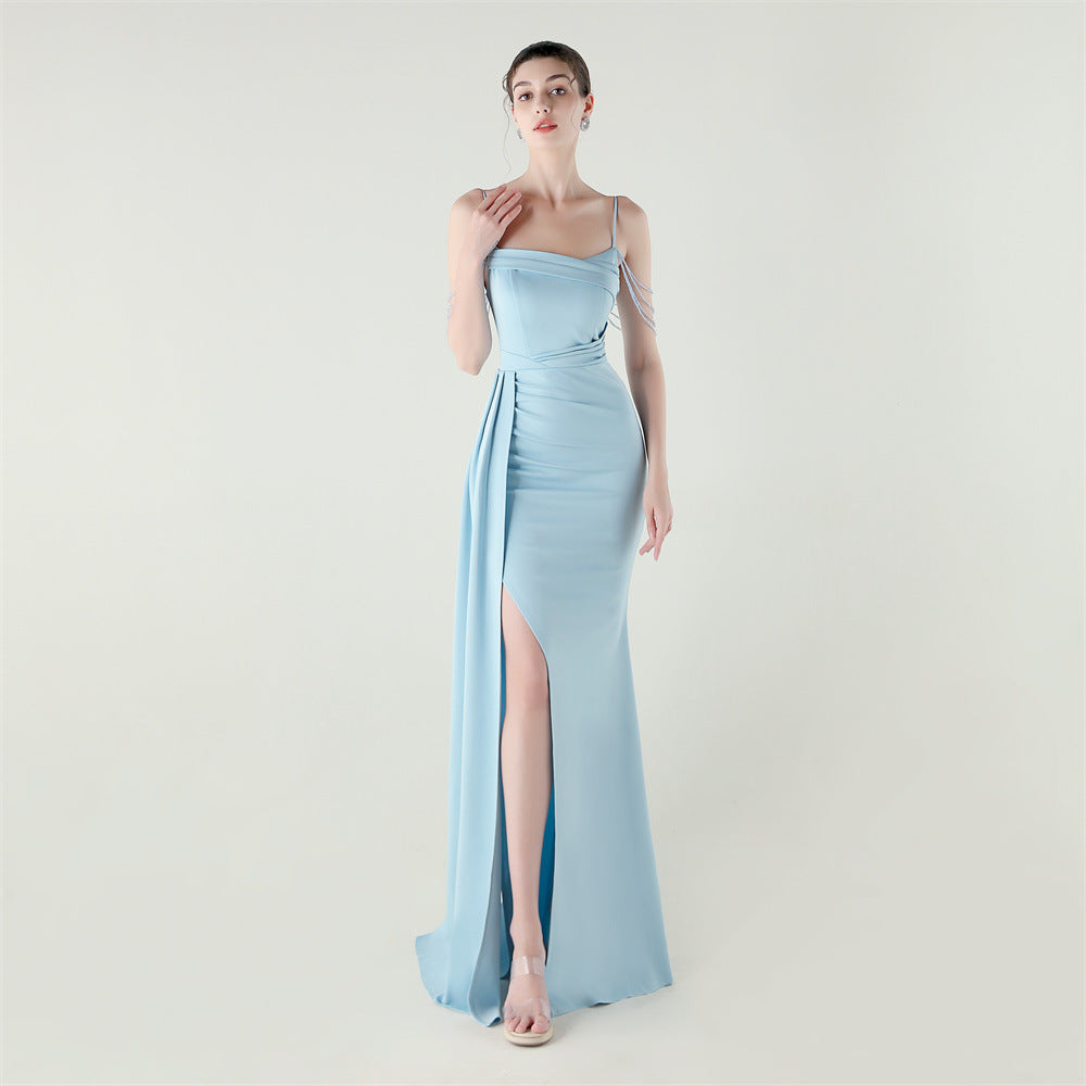 Bandeau Sling Satin Craft Beaded Chain Fishtail Evening Dress Dinner Wedding Ball Sky Blue