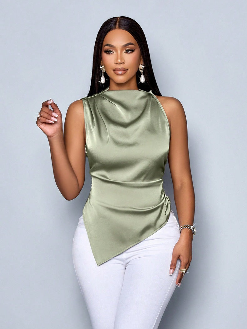 Women Clothing Summer Satin Shirt Women Asymmetric Satin Shirt Women Top Mint