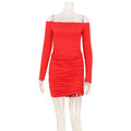 Women Clothing off Neck Waist Tight Sexy Hip Wrapped Dress Red
