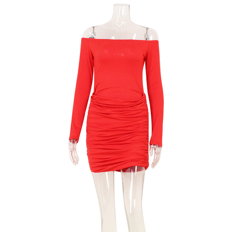 Women Clothing off Neck Waist Tight Sexy Hip Wrapped Dress Red
