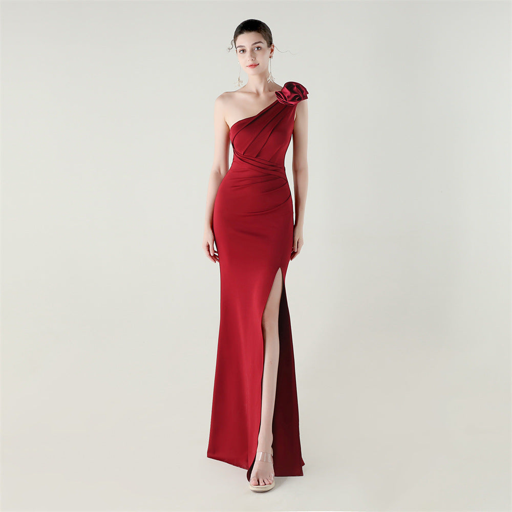 One Shoulder Three Dimensional Floral Satin Folding High Slit Sexy Evening Dress Dinner Wedding Social Burgundy