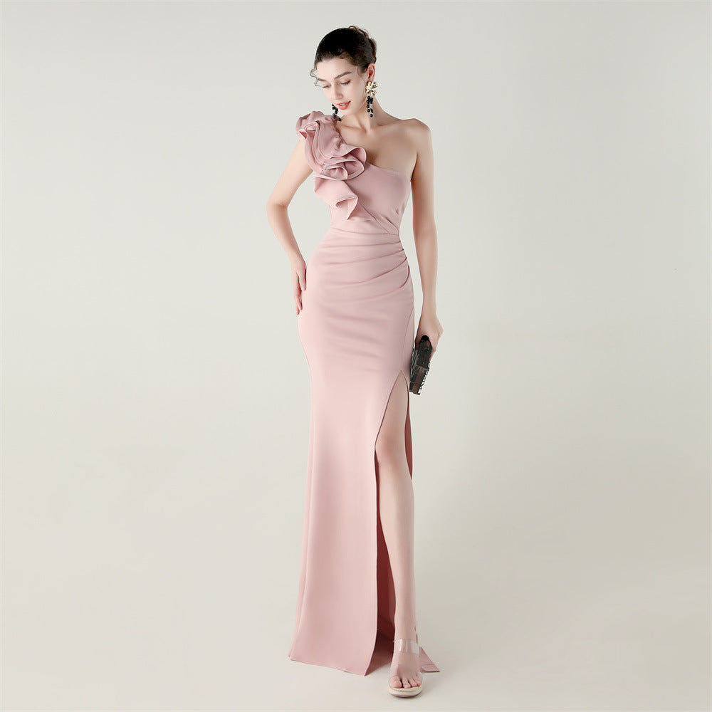 One Shoulder Craft Wave Floral Satin High Slit Sexy Evening Dress Dinner Party Wedding Social Pink