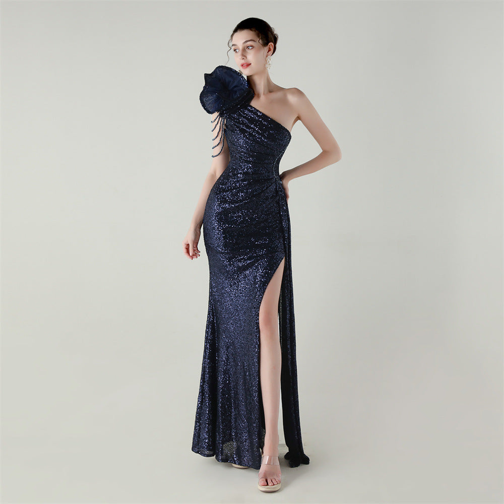 Craft Floral Beaded One Shoulder Diagonal Collar Fishtail Evening Dress Dinner Wedding Awards Ceremony Social Dress purplish blue