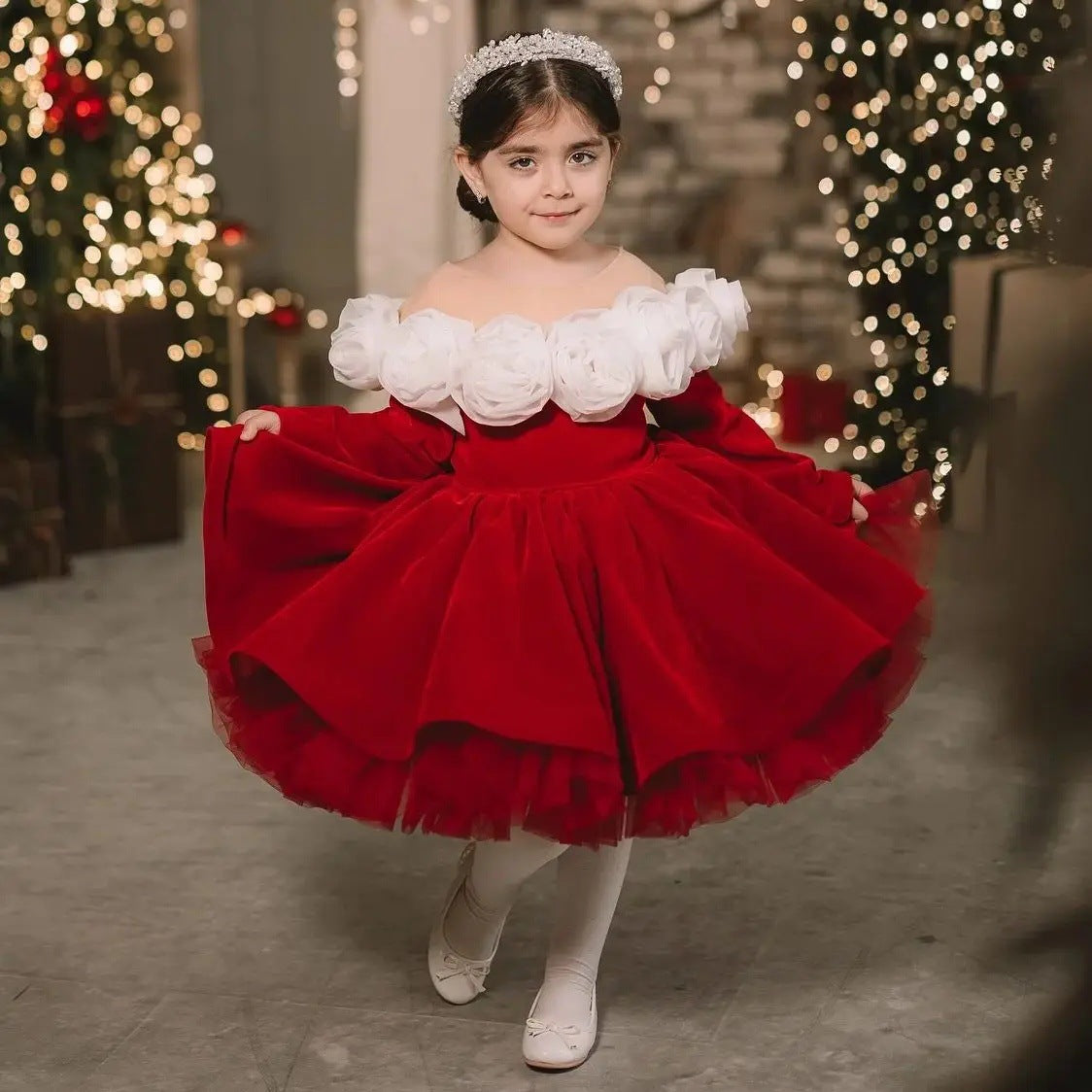 Christmas Princess Dress Children Autumn Long Sleeve Retro Red
