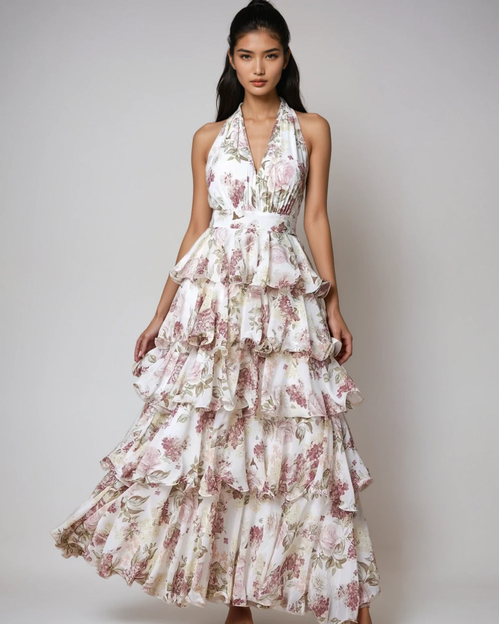 Spring Women Clothing Dress Sexy V neck Sling Multi Layer Printing Dress White Red Flower