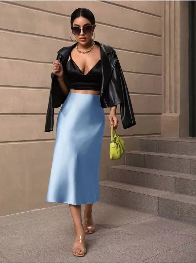 Hip Wrapped Fishtail Skirt Satin Mid Length Skirt Autumn Women Clothing Direct Light Blue