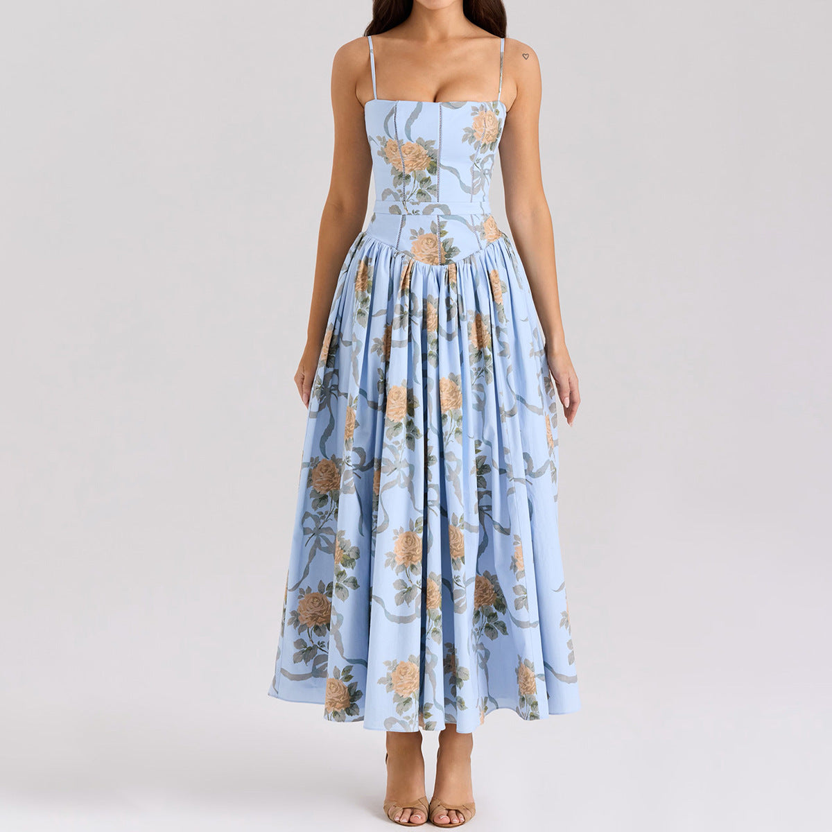 Sexy Printing Slip Dress Summer Slim Fit Backless Maxi Dress Elegant High Sense Summer Beautiful Dress Blue
