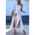 Spring Summer Cross-Shoulder Split Double Layer Dress Casual Party Satin Dress Apricot