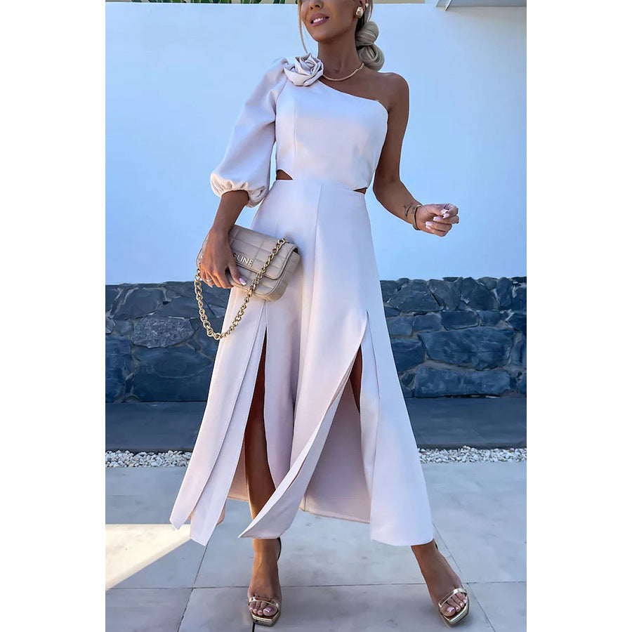Spring Summer Cross-Shoulder Split Double Layer Dress Casual Party Satin Dress Apricot