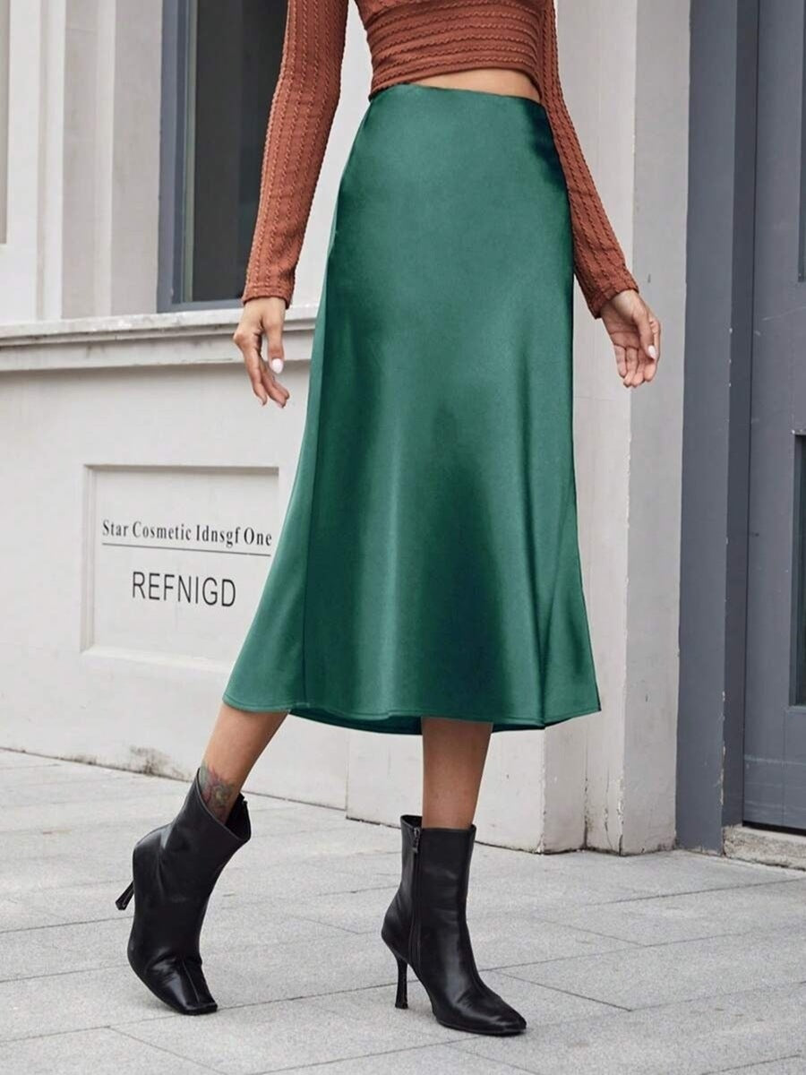 High Waist Satin Skirt Autumn Winter Women Midi Skirt Zipper Satin Skirt Dark Green