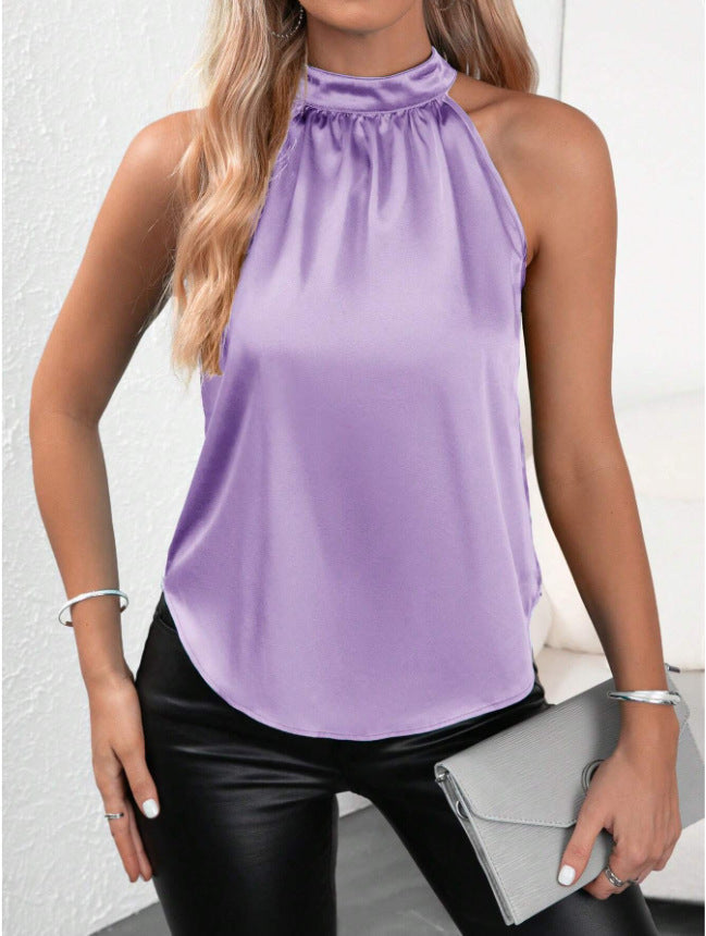 Summer Satin Vest Women Solid Color off Shoulder Halter Sleeveless Top Lavender Purple
