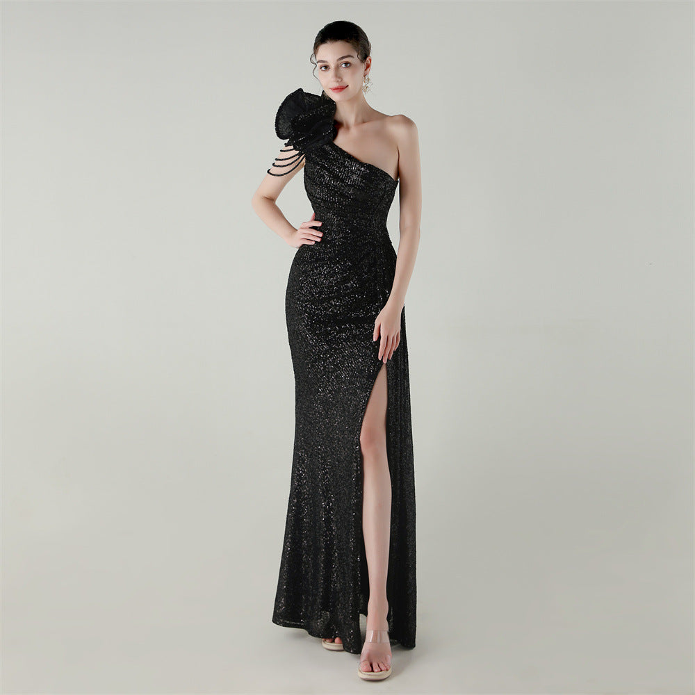Craft Floral Beaded One Shoulder Diagonal Collar Fishtail Evening Dress Dinner Wedding Awards Ceremony Social Dress Black
