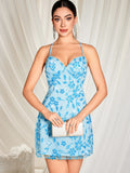 Women Clothing Party Dress Sexy Backless Beaded Sequ Dress Turquoise