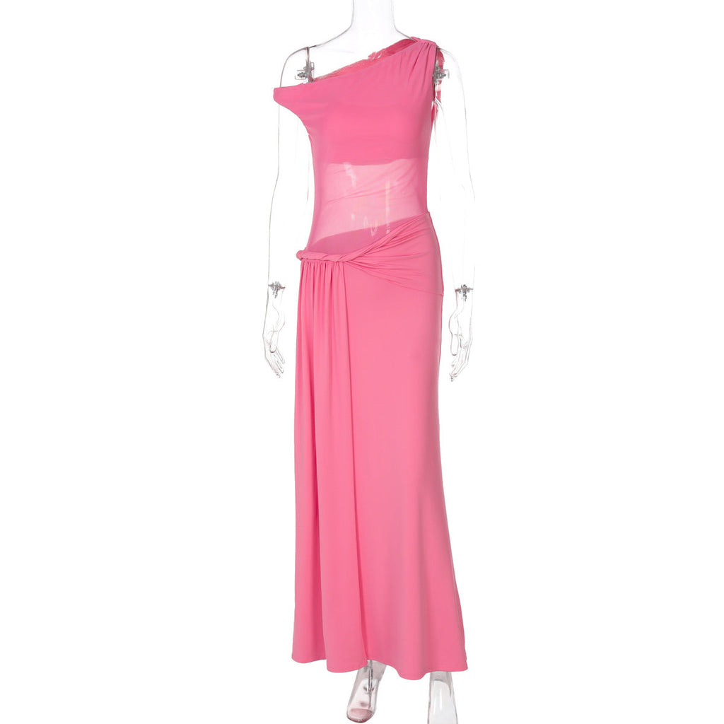 Women Clothing Summer Sexy Slim Fit Waist Controlled Slimming Mesh Diagonal Collar Dress Women Pink