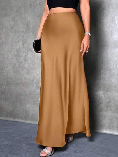 Satin Skirt Autumn Winter Simple A line Long Skirt Women Clothing Dark Brown