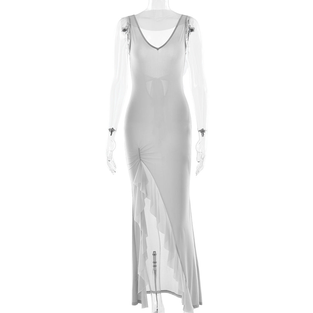 Summer Elegant Ribbon Women Dress Sexy Backless High Slit Ruffled Slim Dress Light Gray