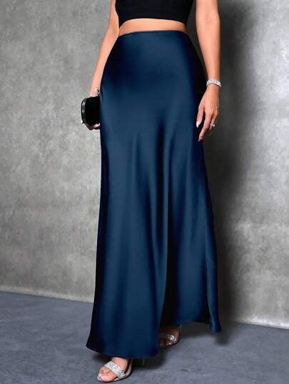 Satin Skirt Autumn Winter Simple A line Long Skirt Women Clothing Navy Blue