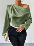 Oblique Shoulder Design Long Sleeve Shirt Women Asymmetric Pullover Top Solid Color Satin Long Yellow