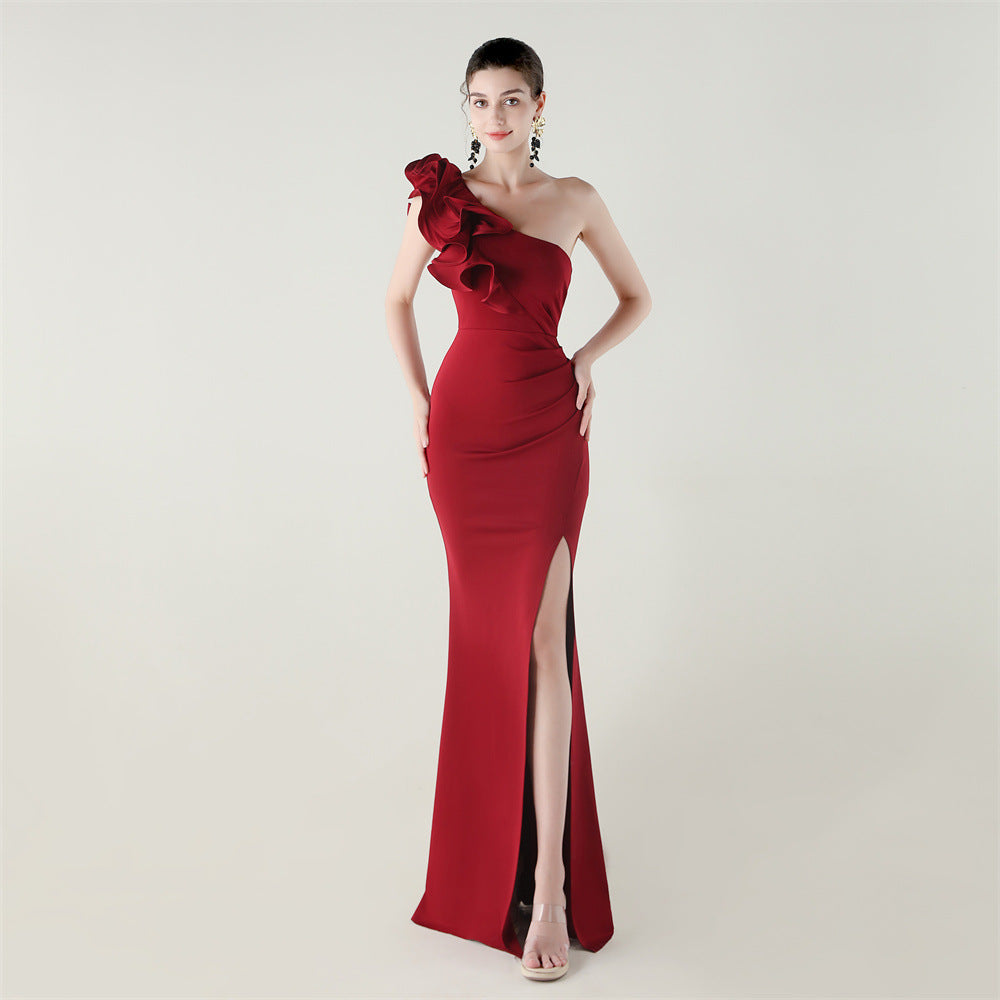 One Shoulder Craft Wave Floral Satin High Slit Sexy Evening Dress Dinner Party Wedding Social Burgundy