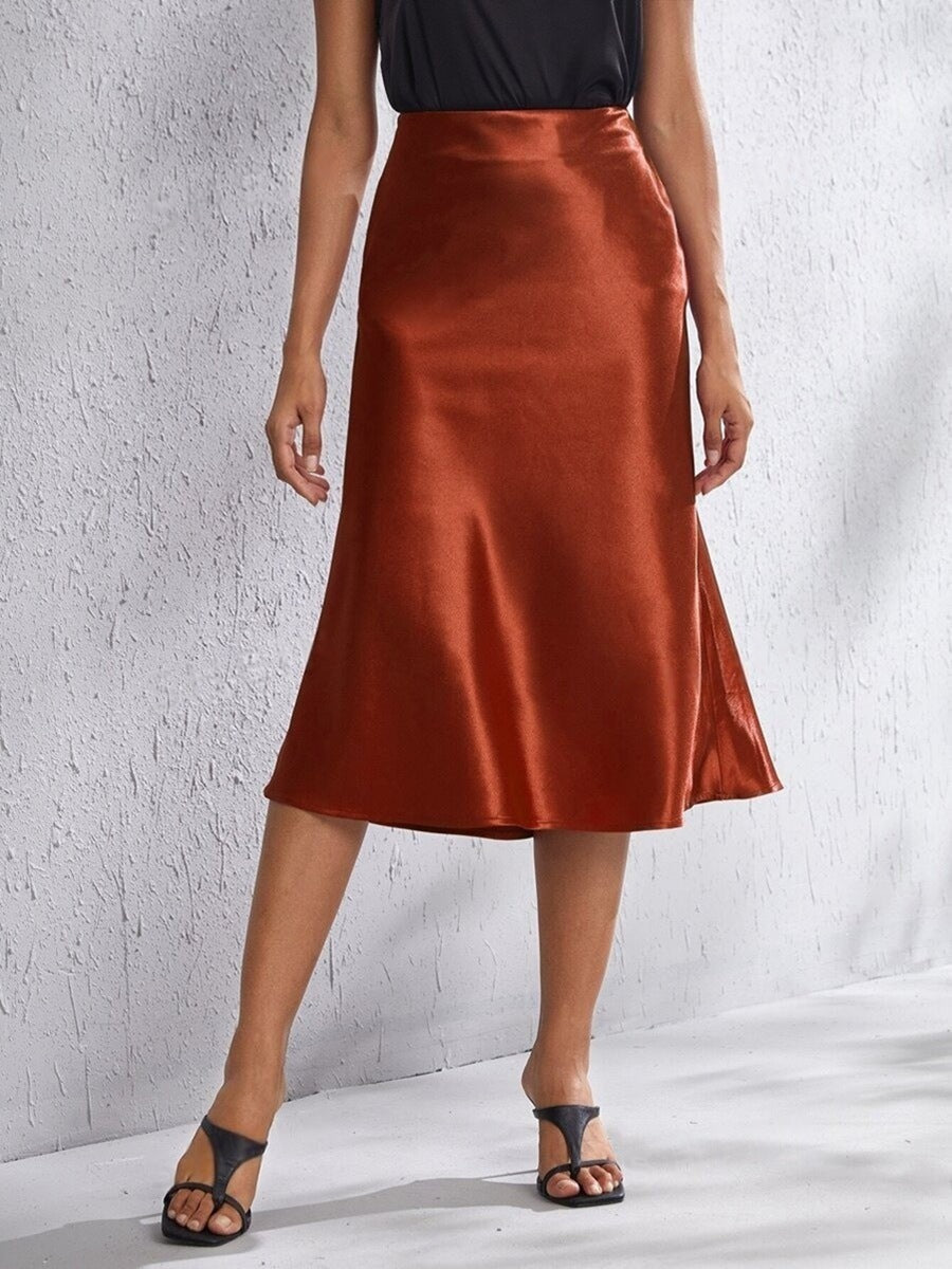 High Waist Satin Skirt Autumn Winter Women Midi Skirt Zipper Satin Skirt Brown