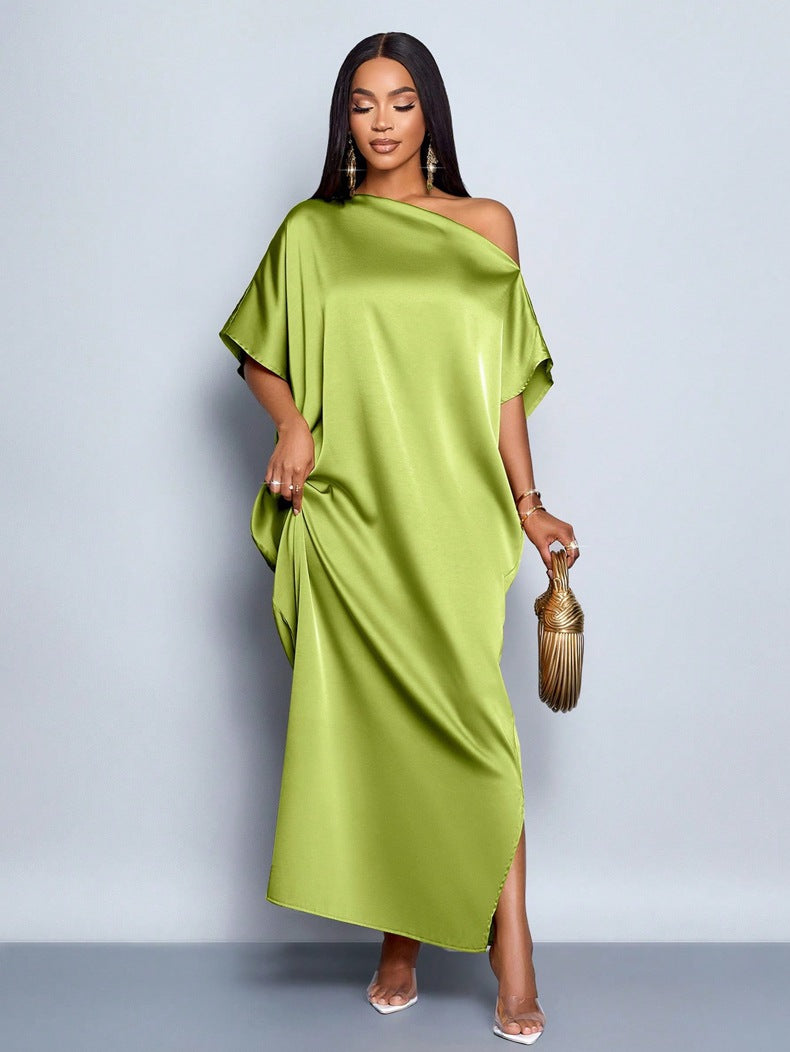 Women Clothing Early Autumn Satin Dress Yellow Satin Maxi Dress Green