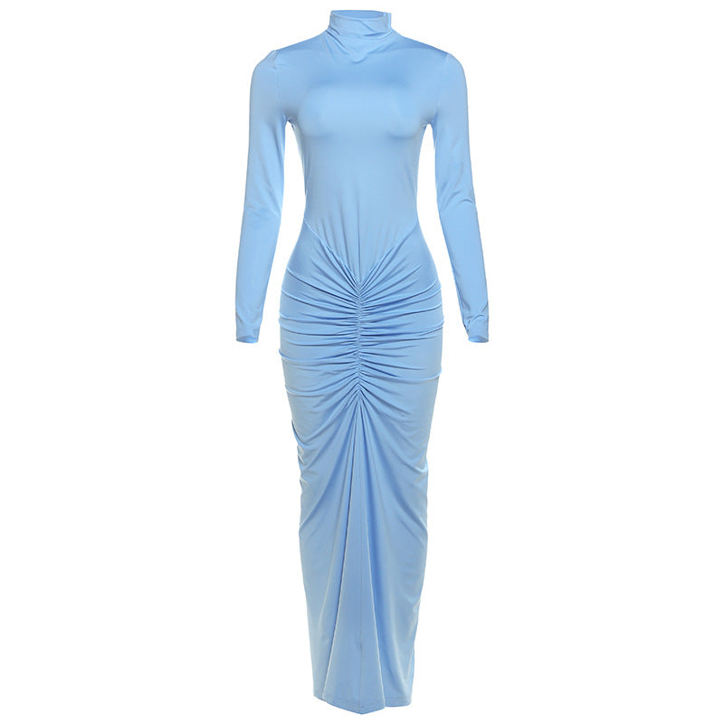 Women Clothing Autumn Solid Color Elegant Slim Slimming Pleated Turtleneck Long Sleeve Dress Blue