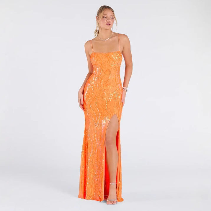 Dress Sexy Sling Backless High Slit Sequ Socialite Dress