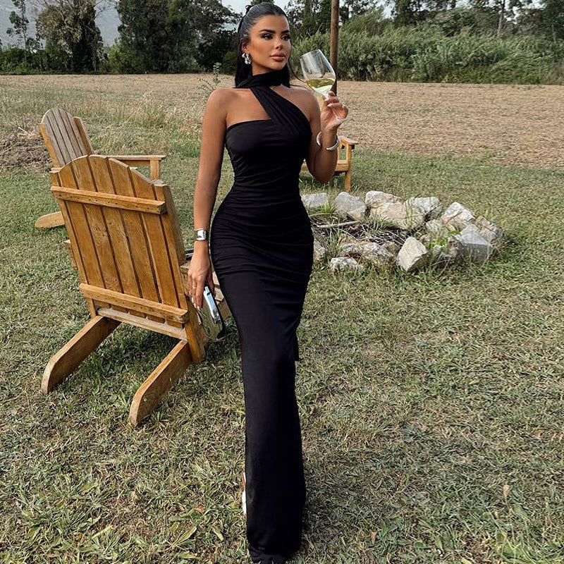Women Clothing Solid Color Halter Dress Sexy Backless Ribbon Split Maxi Dress Black