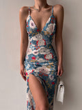 Women's Printed Backless Slit Sling Dress Blue
