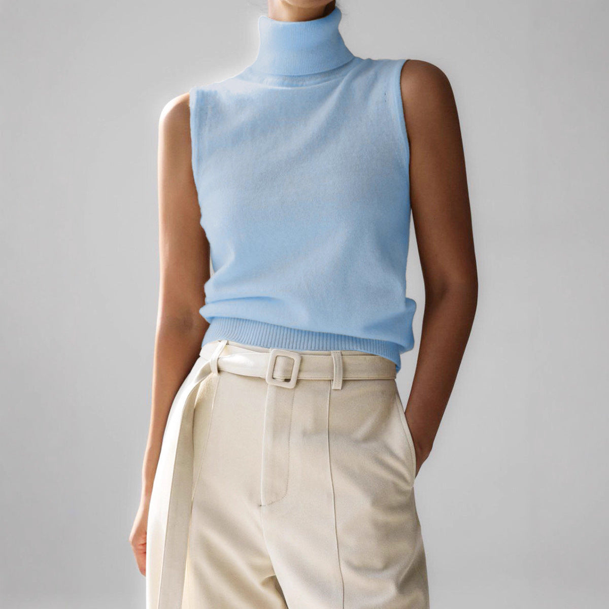 Knitted Sleeveless Vest Autumn High Neck Vest Sweater Minimalist Vest Top Women Blue